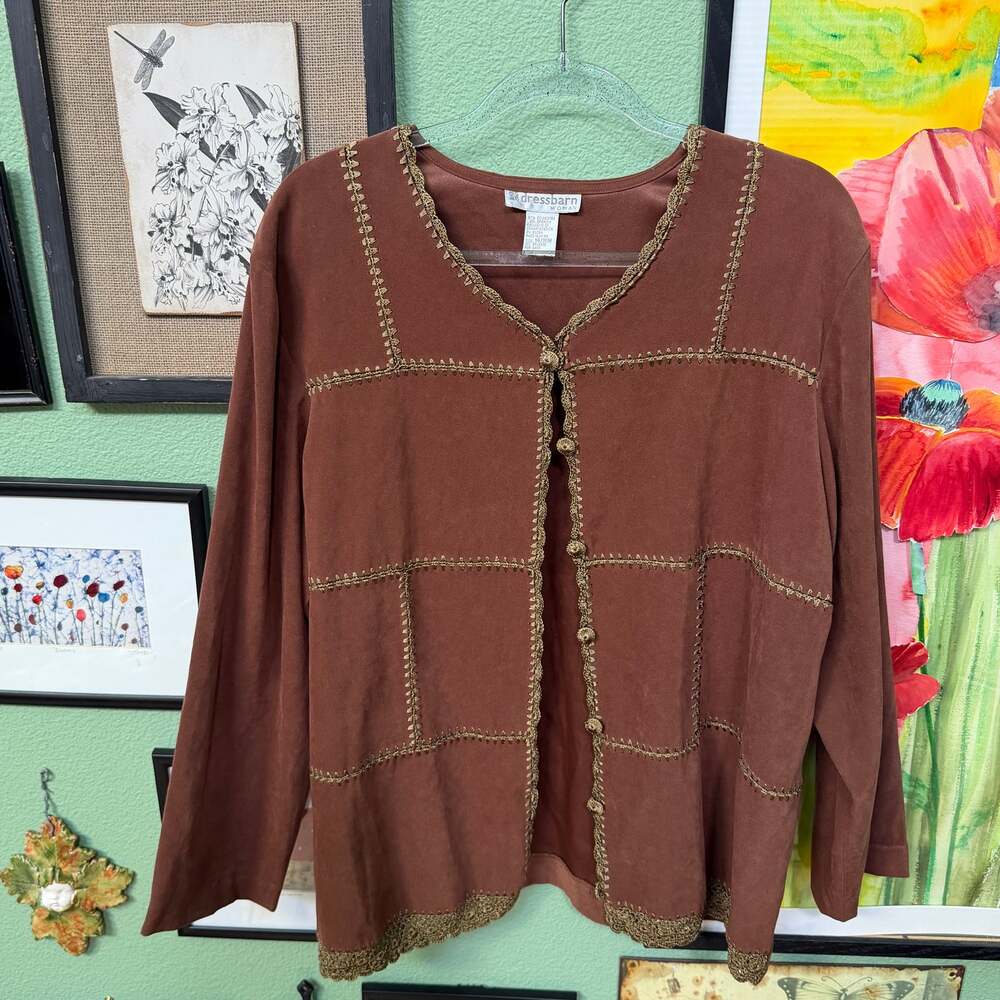 Dressbarn Jacket Women SZ 14 16W Brown Crochet Patchwork Whimsygoth Cardigan 90s